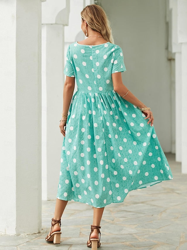 Women's Midi Dress Floral Polka Dot Pocket Print Crew Neck