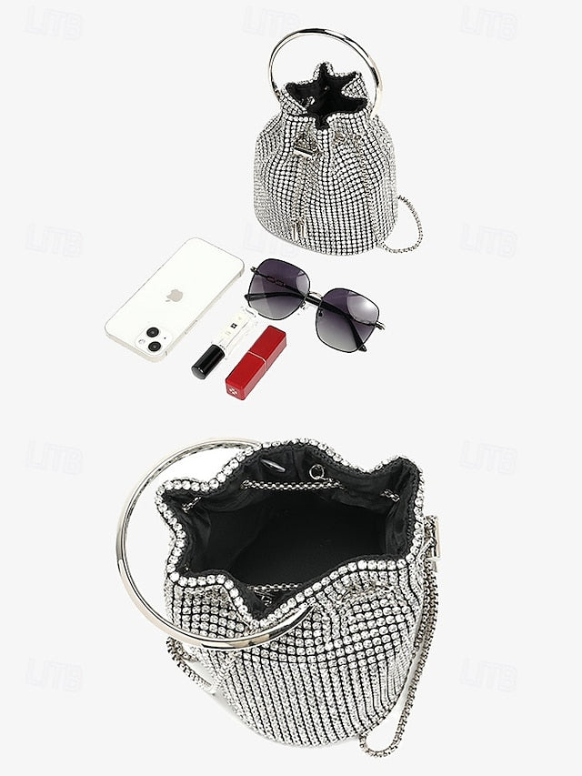 Sparkling Metal Bucket Women's Silver with Bag Rhinestone