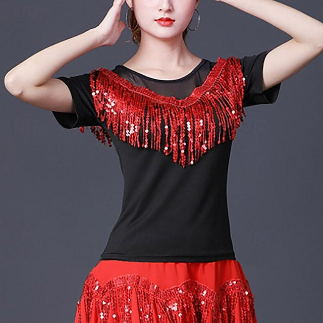 Latin Dance Ballroom Dance Top Tassel Pure Color Splicing