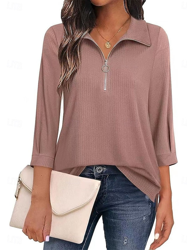 Women's Polo Shirts Patchwork Zipper Solid Color Basic
