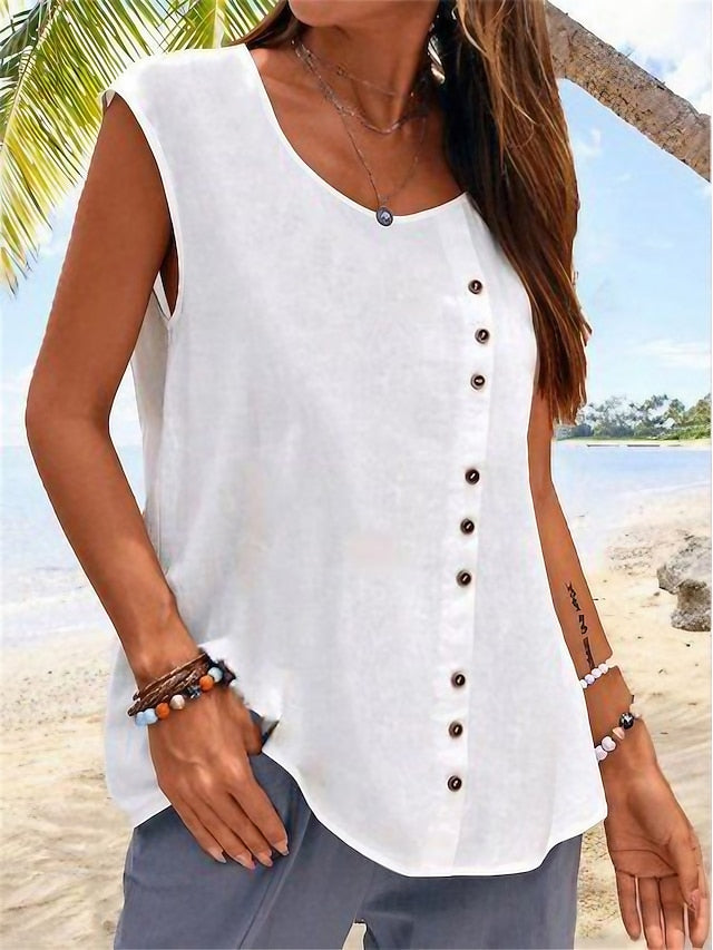 Women's Tank Top Faux Cotton Linen Buttons Plain Hawaiian