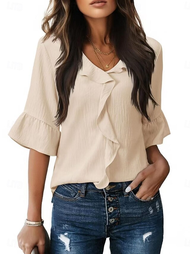 Women's Blouse Ruffle Solid Color Stylish Basic Casual 3/4