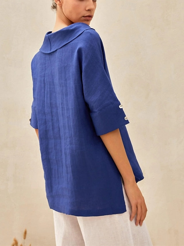 Women's Shirt Blouse Faux Cotton Linen Buttons Solid Color