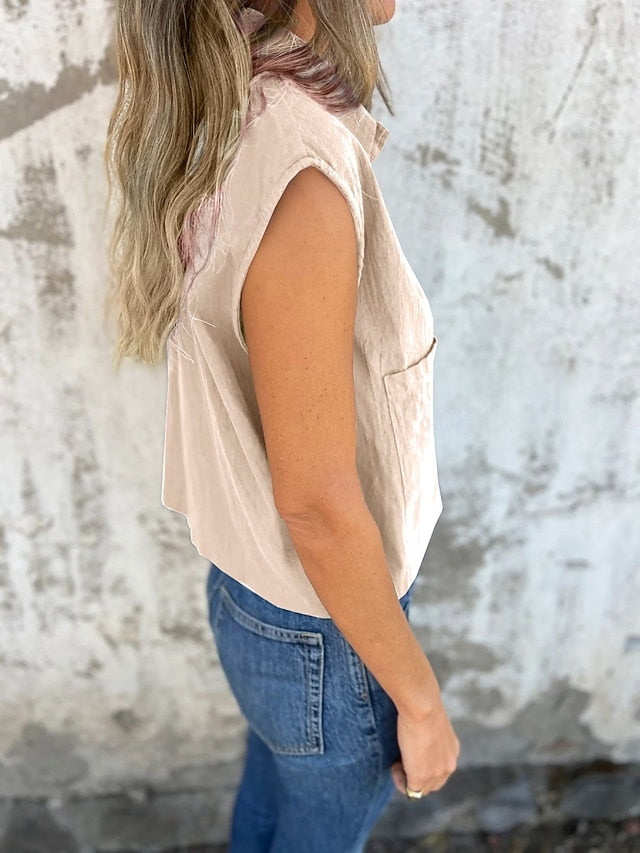 Women's Tank Top Sleeveless Shirt Pocket Buttons Plain
