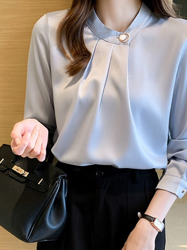 Women's Shirt Elegant Dressy Satin Top Ruched Buttons Plain