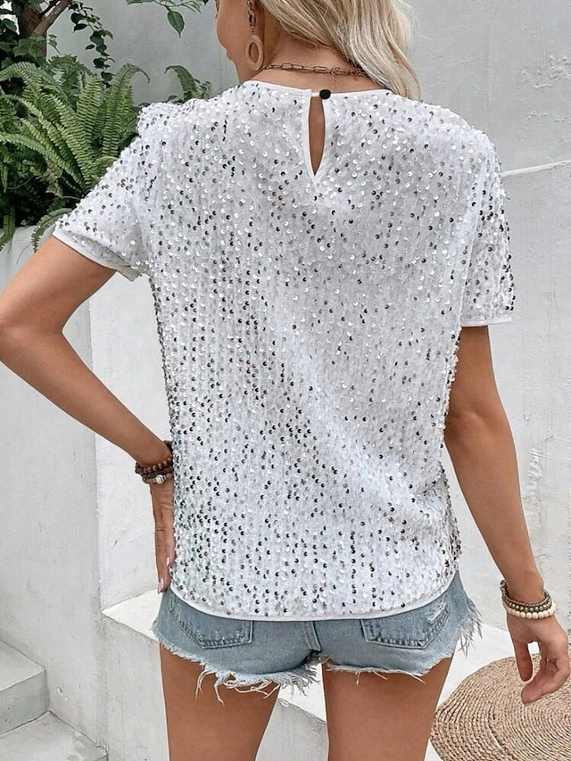 Women's Blouse Sequins Solid Color Stylish Casual Short