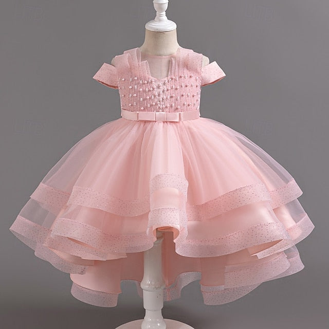 Wedding Solid Short Dress Kids Color Sleeve Girls' Party