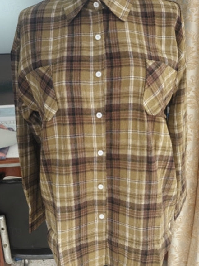 Women's Shirt Pocket Buttons Plaid Elegant Bohemia Vintage