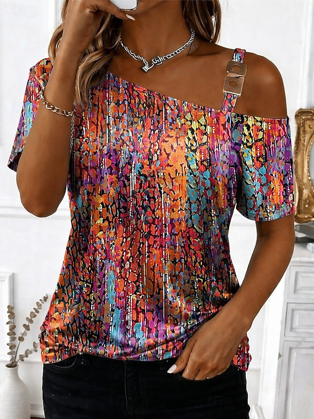 Women's T Shirt Tee Top Print Asymmetrical Graphic Abstract