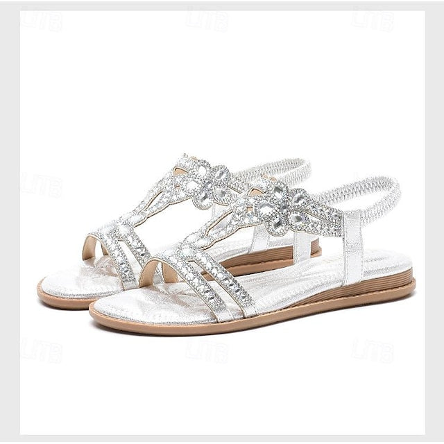 Boho Silver – Rhinestone Sandals Flat T-Strap Women's
