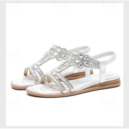 Boho Silver – Rhinestone Sandals Flat T-Strap Women's