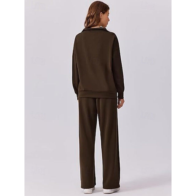 Women's Pants Sets Long Sleeve V Neck Solid Color