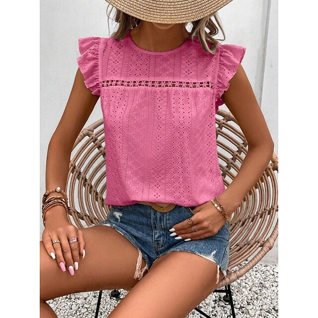 Women's T Shirt Tee Top Ruffle Eyelet Plain Fashion Stylish