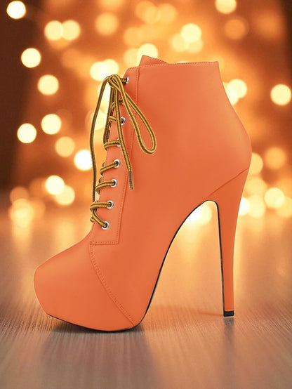 Boots Beige Platform Women's - Lace-Up Ankle Leather Faux