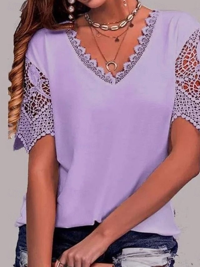 Women's T Shirt Lace Patchwork Eyelet Plain Fashion Modern