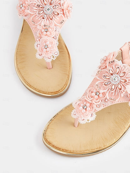T-Strap Embellished Floral Lace Pink – Sandals Women's