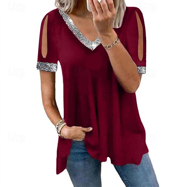 Women's Blouse Dressy Tops Ruched Sequins Patchwork Plain