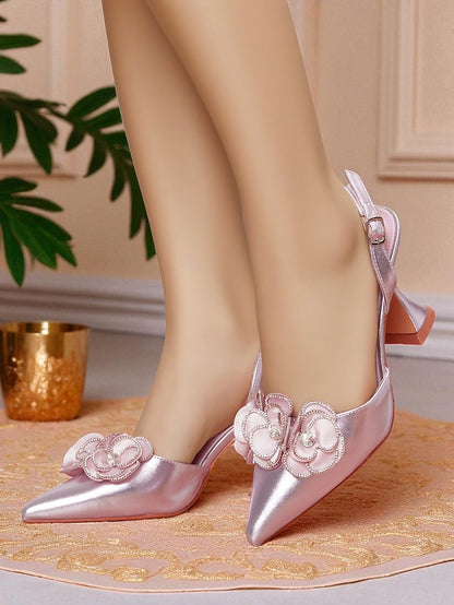 with Heels Pointed Satin Toe Pink Women's Floral