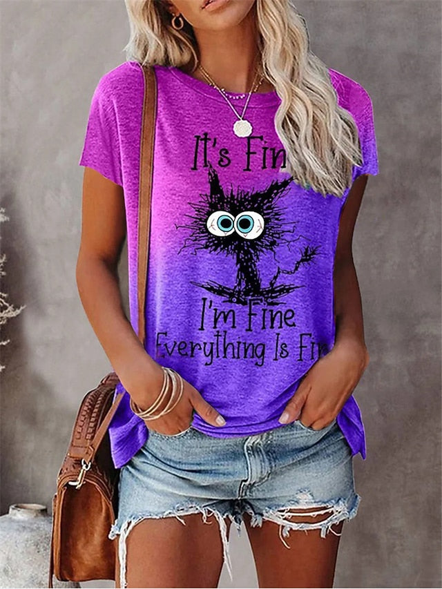 Women's T shirt Tee Purple Brown Gray Cat Letter Patchwork