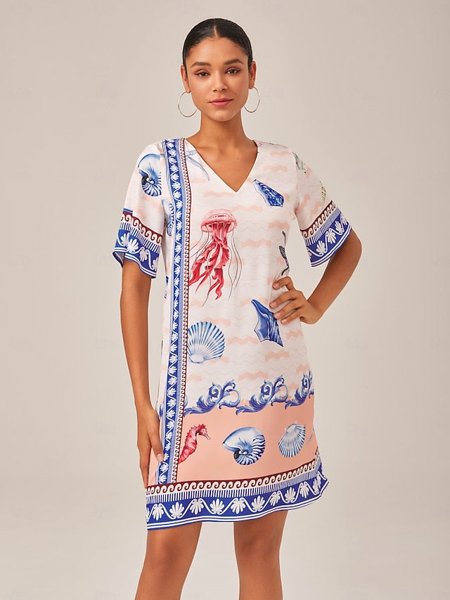 Resort-Style Ocean Print Straight-Cut Dress