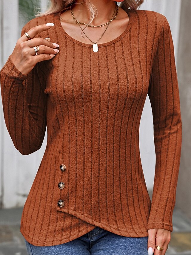 Women's T Shirt Buttons Solid Color Casual Long Sleeve Crew