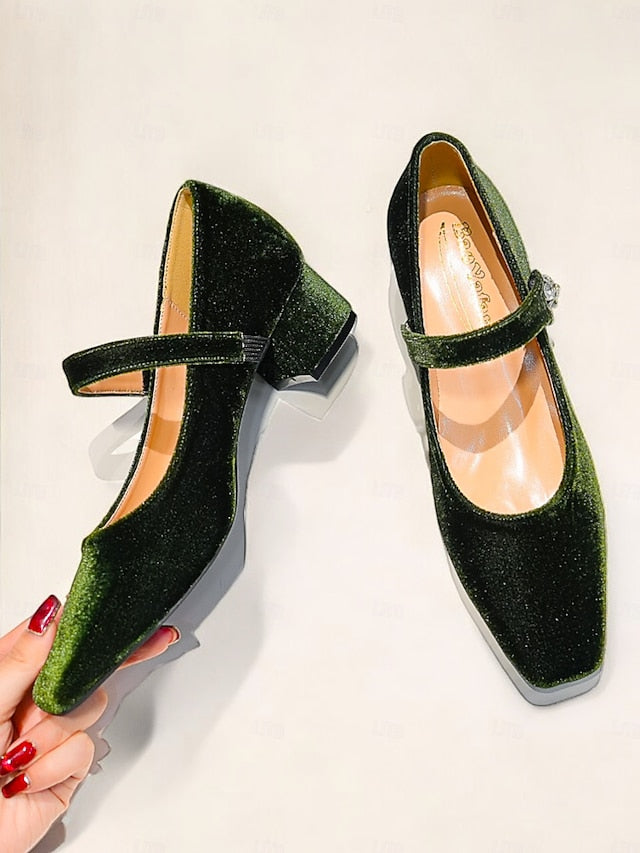 Block Green Pumps - Women's Square Mary Velvet Jane Toe
