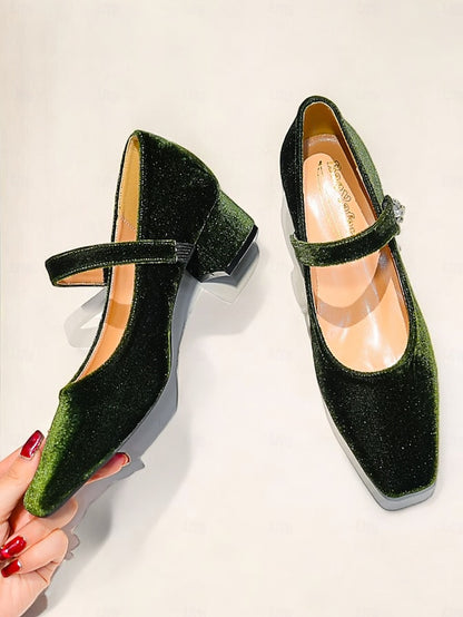 Block Green Pumps - Women's Square Mary Velvet Jane Toe