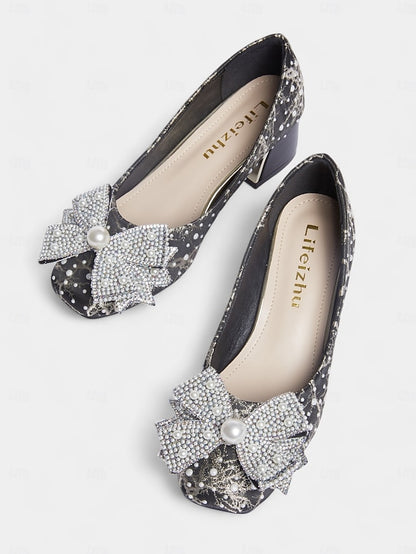 Gold and with Detail Bow Black Pumps – Pearl-Embellished