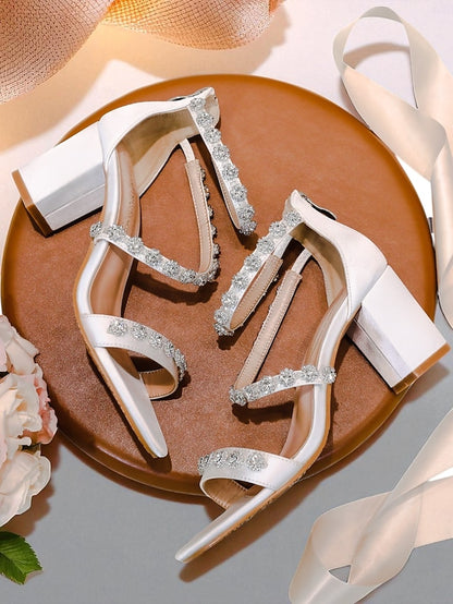 Open Women's Block Heel Elegant Rhinestone - Sandals White