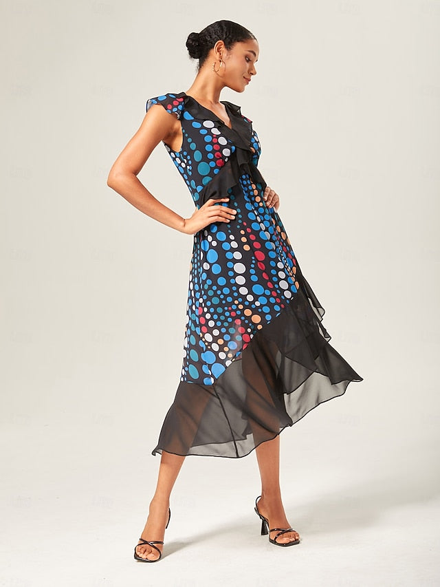 Colorblock Polka Dot Chiffon Ruffle Maxi Dress