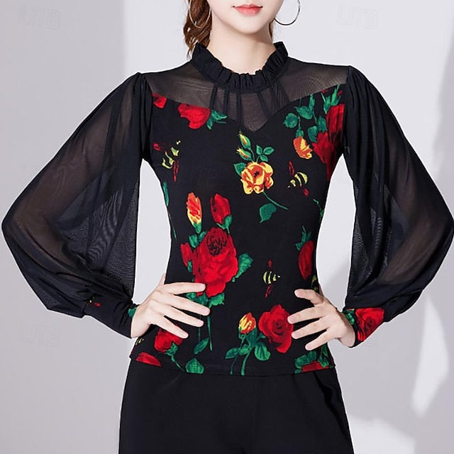 Ballroom Dance Activewear Top Printing Pure Color Splicing