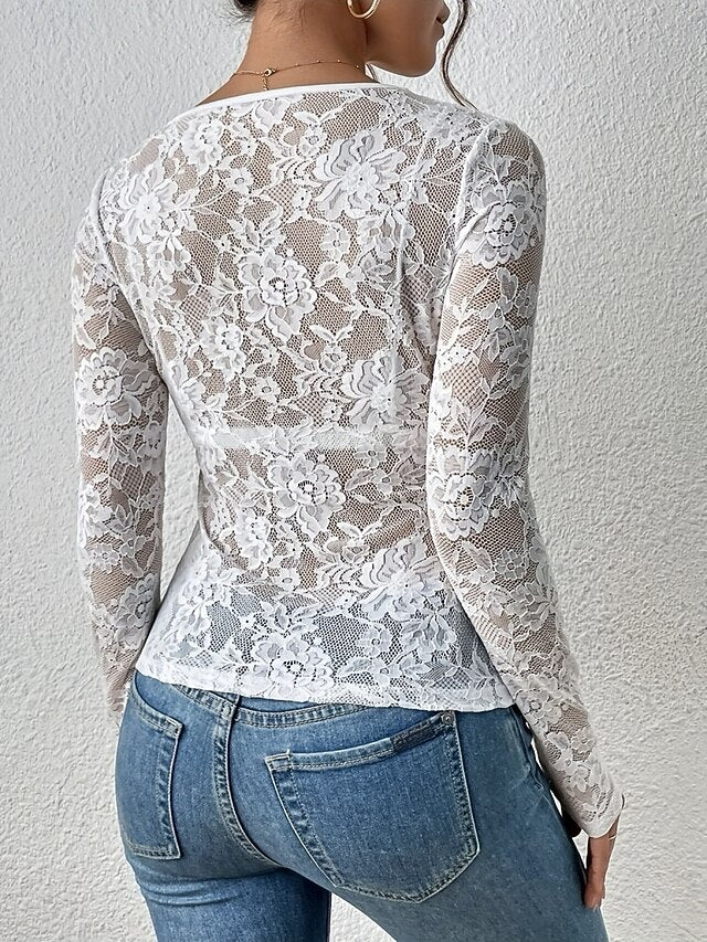 Women's Lace Shirt Blouse Lace Patchwork Solid Color