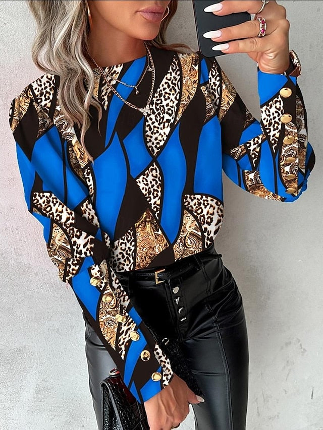 Women's Blouse Elegant Color Block Buttons Print Raglan