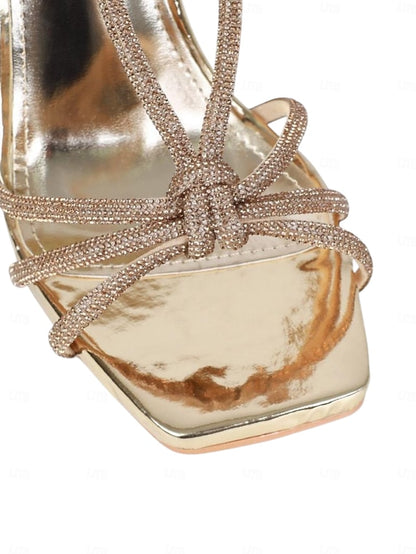 Heels Women's Square Toe Rhinestone Stiletto Strappy with