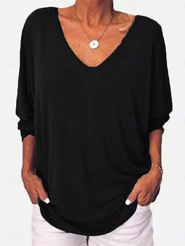 Women's T-Shirt  Solid Color Stylish Casual Long Sleeve V