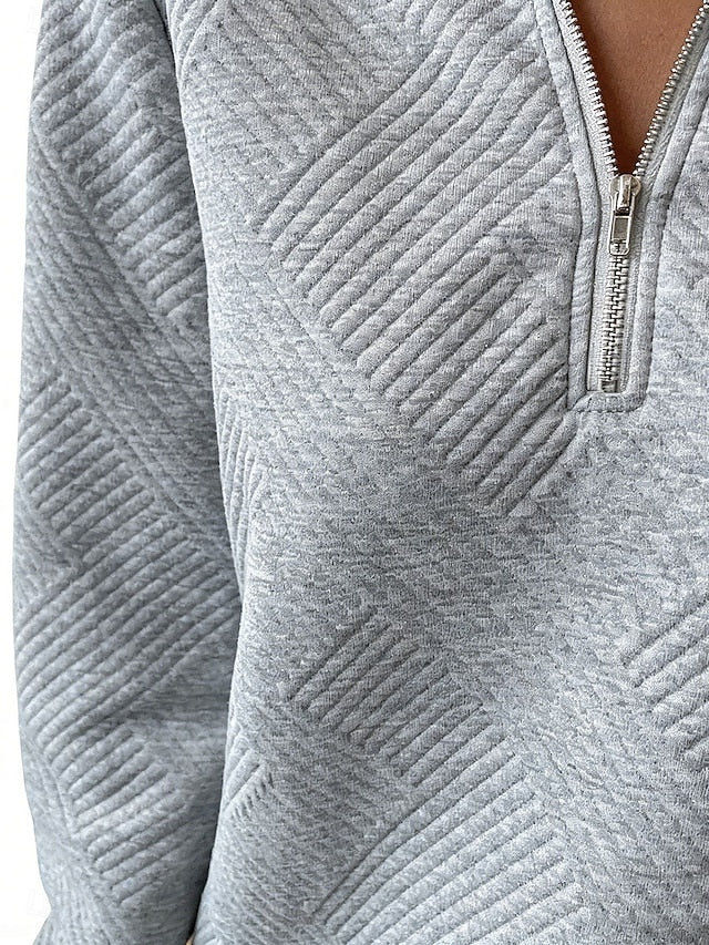 Women's Texture Sweatshirt Quarter Zip Sweater Casual Plain