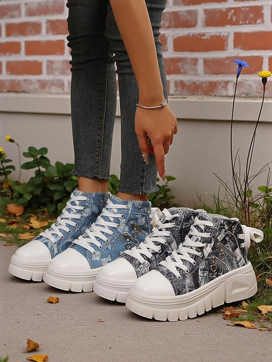 Women's Blue High Top Sneakers with Platform Sole and