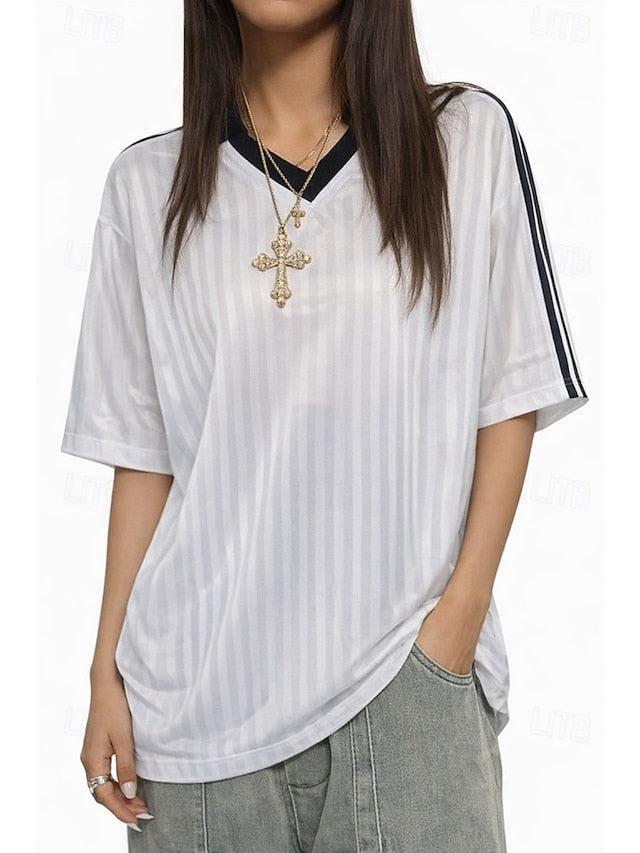 Women's Oversized Sports T-Shirt Jersey Color Block Striped