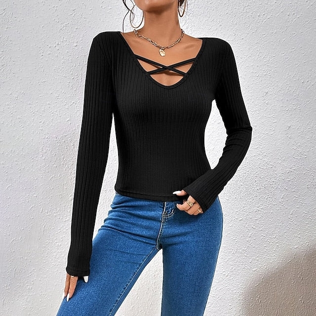 Women's Petite Ribbed Knit Tops Cut Out Cross Fashion Sexy