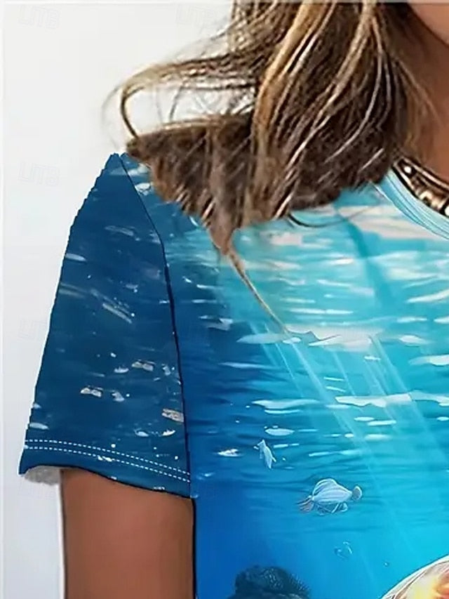 Women's T Shirt Summer Tops Print Scenery Sea Turtle