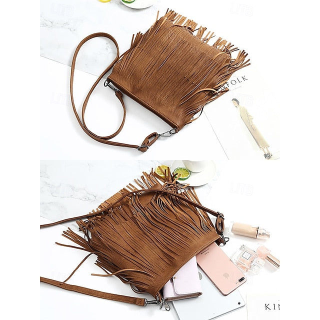 - Women's Leather Bag Faux Fringe Bohemian Crossbody