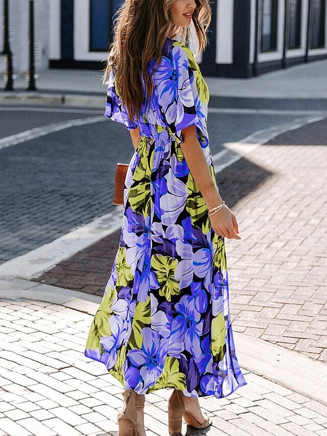 Women's Casual Dress Floral Split Print V Neck Long Dress