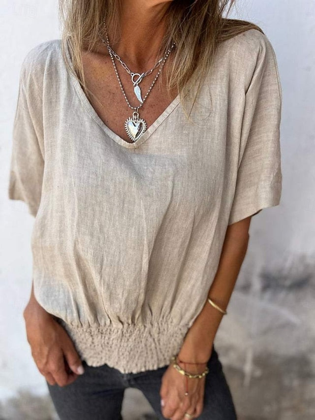 Women's Shirt Blouse 100% Cotton Ruched Solid Color Basic