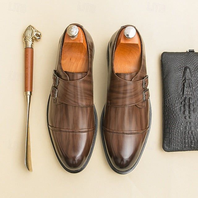 Strap Leather Shoes Double Men's Monk Brown Faux