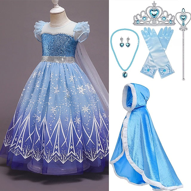 Set Princess Dress With Cloak Hooded Elsa Cape Tulle Crown