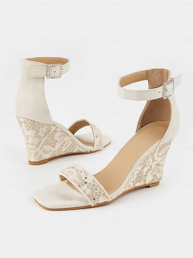 Sandals Stylish Strap for Women White Heel Lace Ankle Wedge –