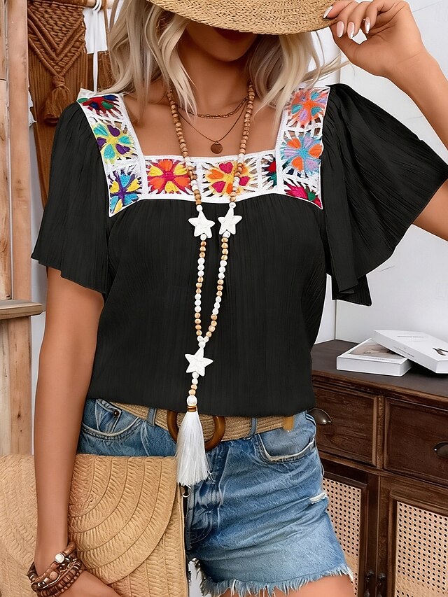 Women's Shirt Blouse Patchwork Floral Stylish Classic