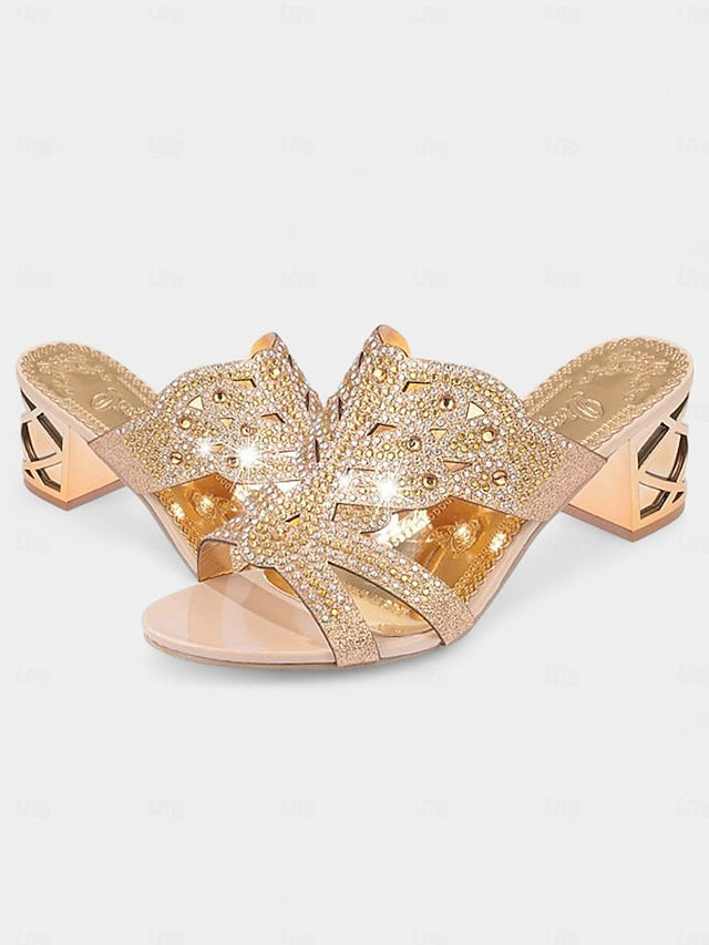 and Heeled Sandals Rhinestone Gold Embellished - Green