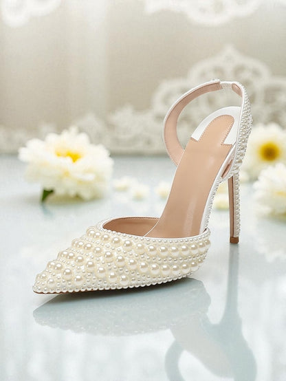 Pearl-Embellished Leather Heels Women's White Slingback -