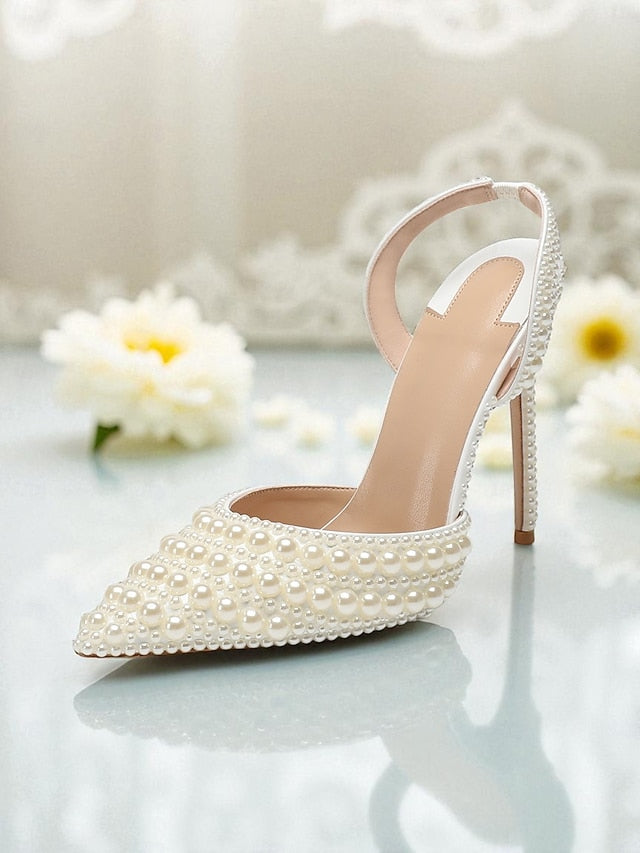 Women's White Leather Heels Slingback Pearl-Embellished -